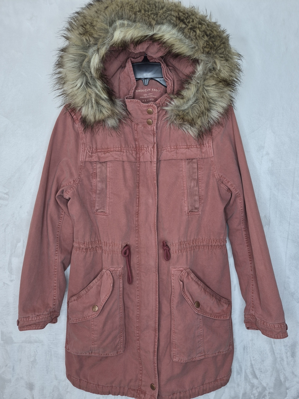 American Eagle Dusty Rose Pink Canvas Parka Jacket Faux Fur Hood Medium